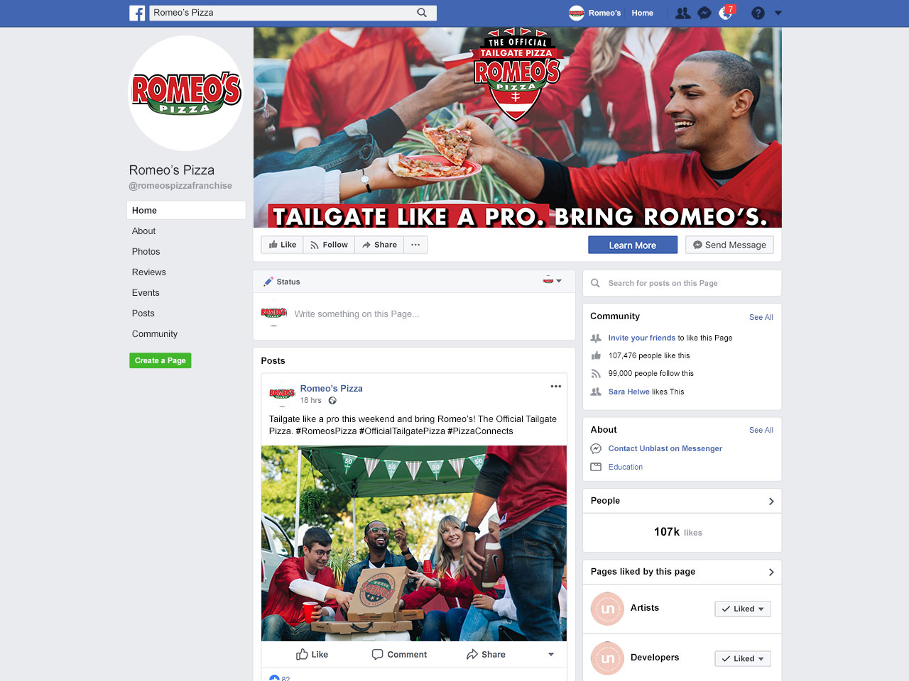 Romeo's Pizza Facebook page layout