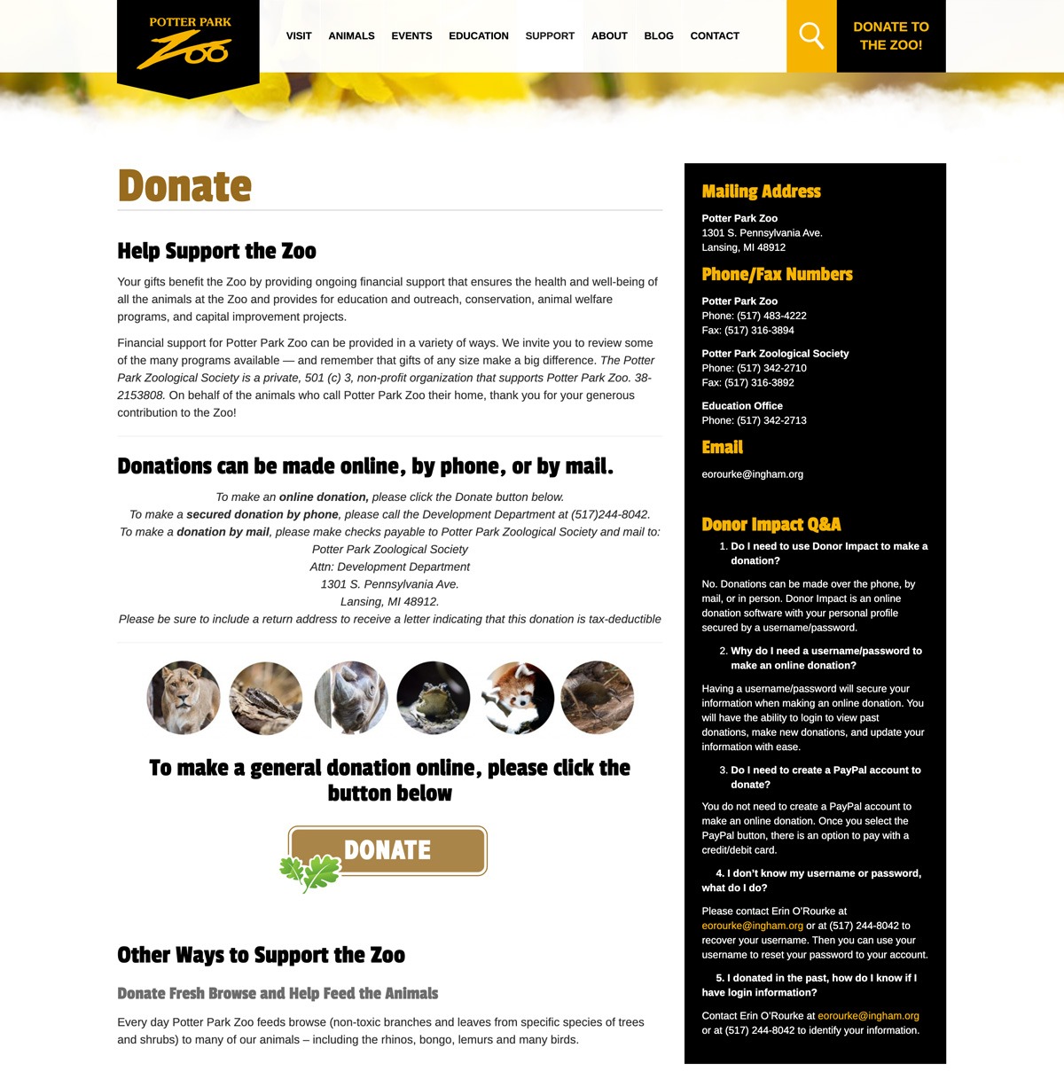 Potter Park Zoo Website Donate page