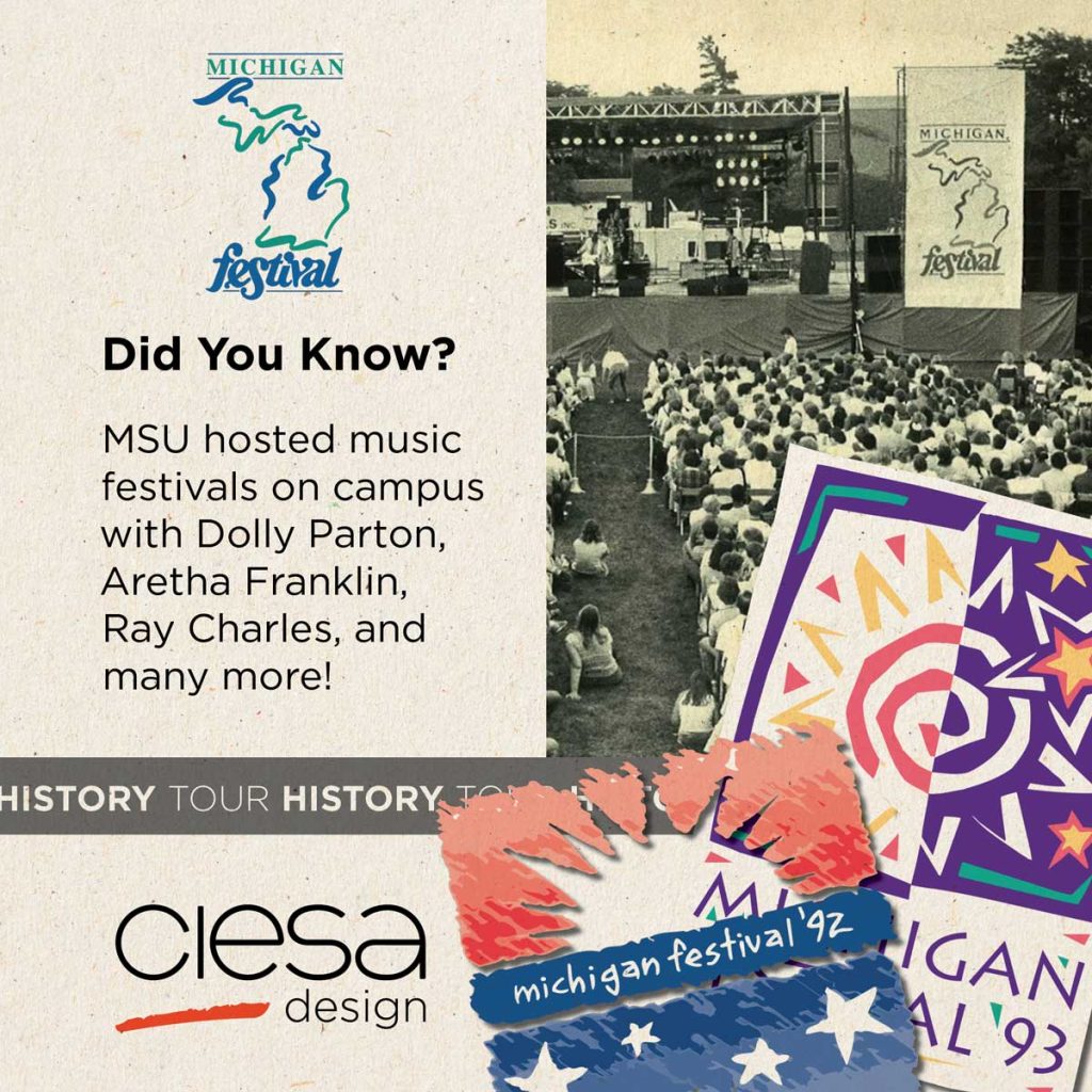 image of the Michigan Festival with the Michigan festival logo, a black and white photo of the event, and two posters for the event. The text says "Did You Know? MSU hosted music festivals on campus with Dolly Parton, Aretha Franklin, ray Charles, and many more!"